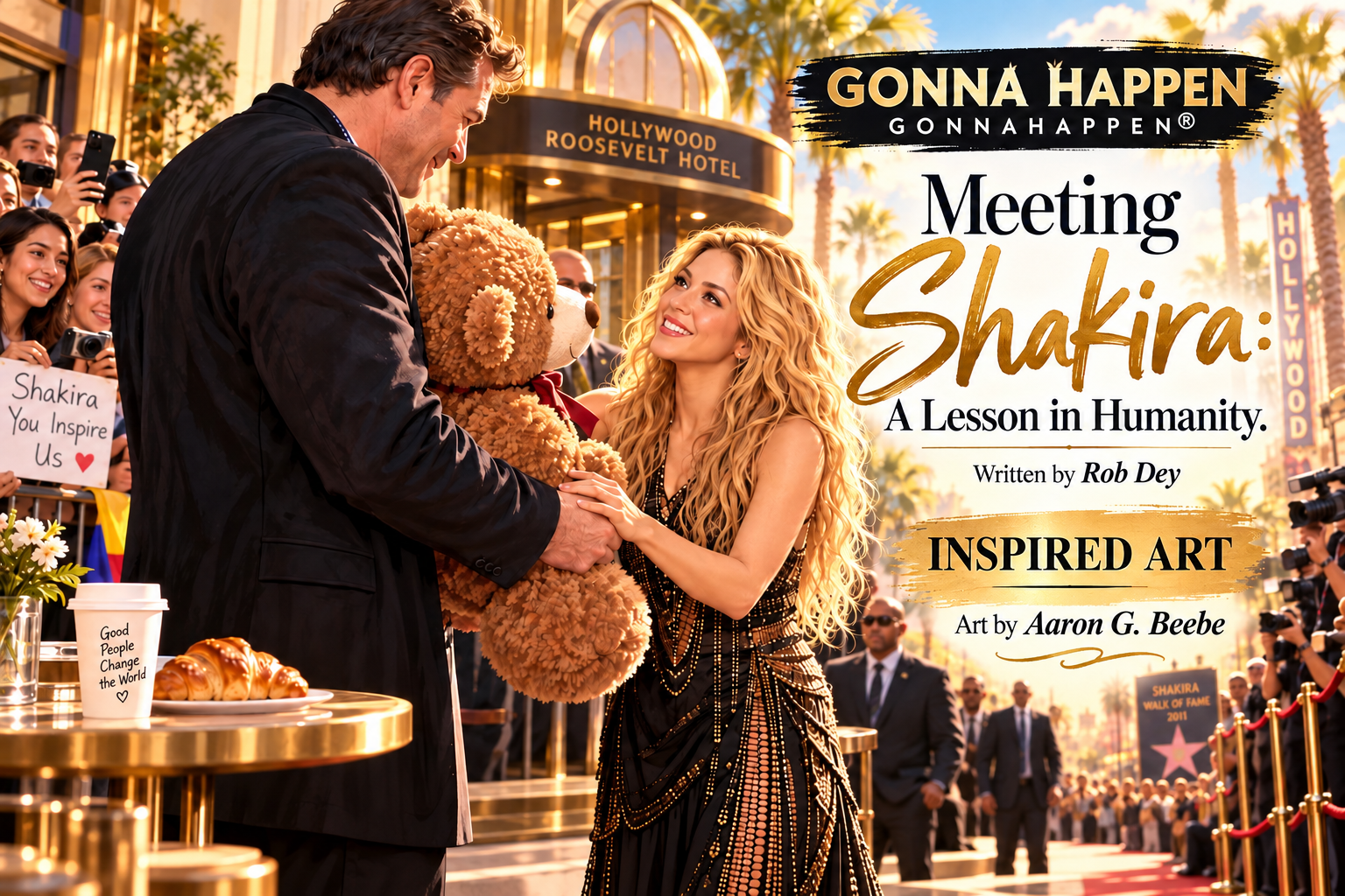 Shakira-inspired artwork outside the Hollywood Roosevelt Hotel, illustrating Rob Dey's story Meeting Shakira: A Lesson in Humanity. Digital art by Aaron G. Beebe, GONNA HAPPEN®.